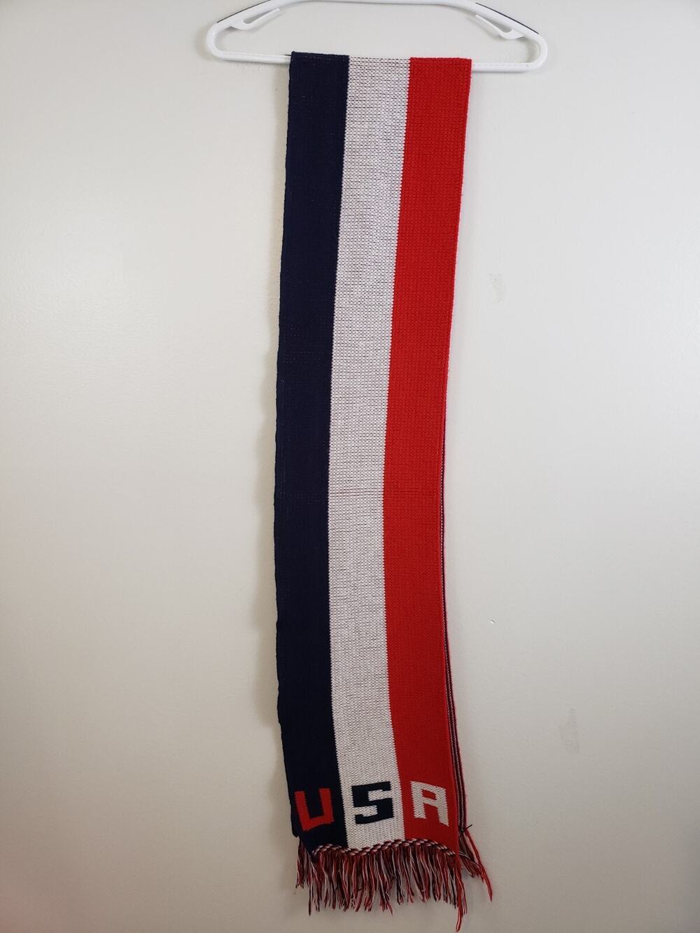 VTG Knitmakers USA Knit Scarf 80" Red, White & Blue Stripe Fringe Patriotic USA